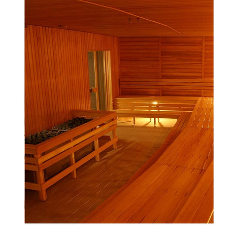 Eingelassener Helo SKLA Sauna heater in professioneller Großraumsauna mit warmem Holzambiente – ideal für Wellnesszentren und Hotels